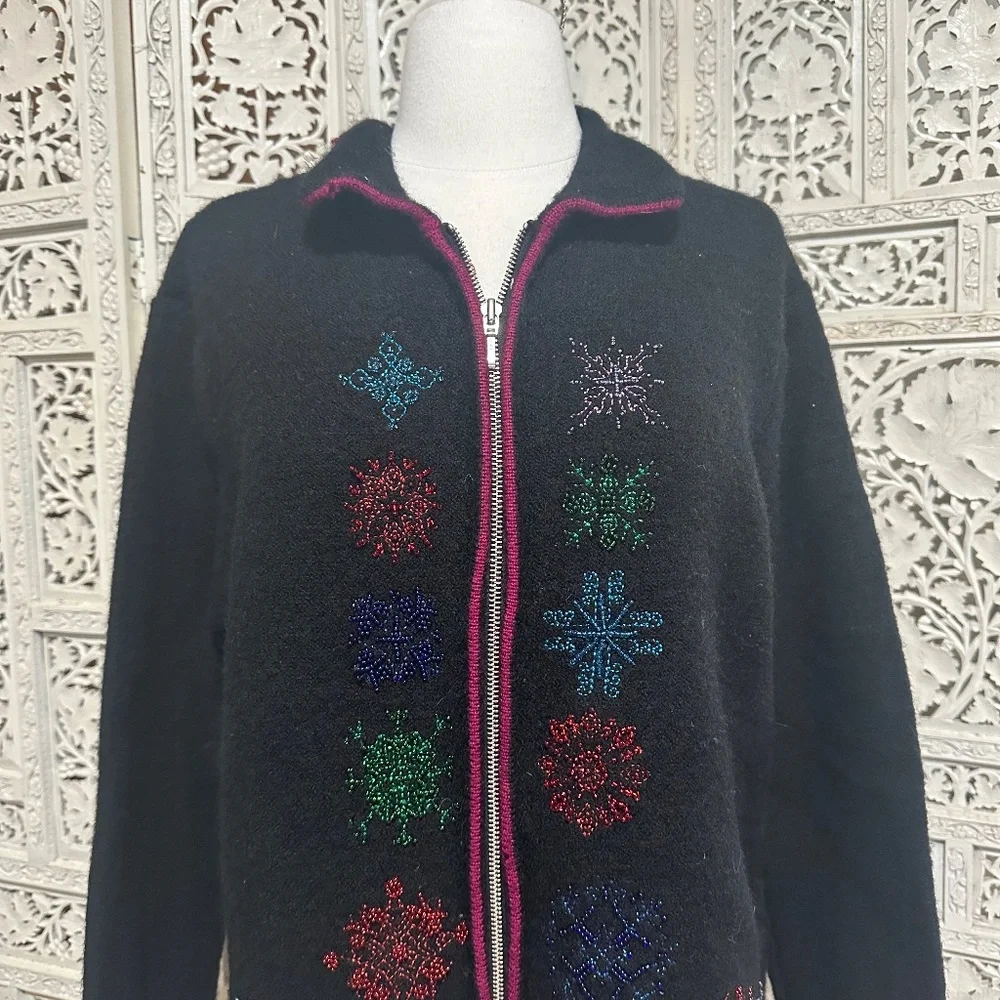 Karen Scott grannycore beaded wool winter snowflake cardigan‎ size large